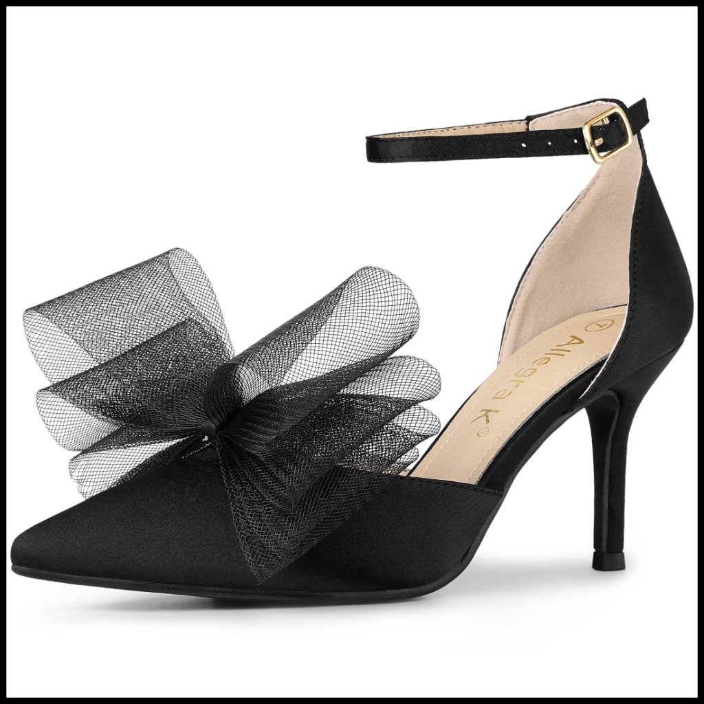 Satin Stiletto Pumps With Bow Tie Ankle Strap Elegant Evening Heels